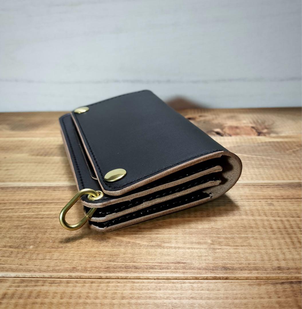 姫路レザー　茶芯黒　札ポケット付きミドルトラッカーウォレット　真鍮　ハンドメイド
