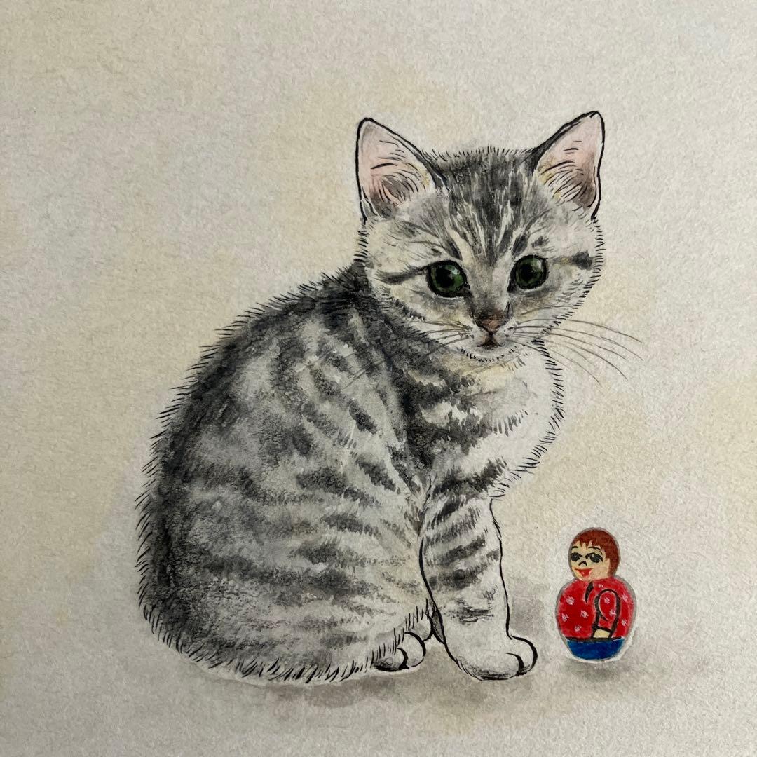 猫　サバトラ　ぬいぐるみ　マトリョーシカ　日本画　絵画　原画