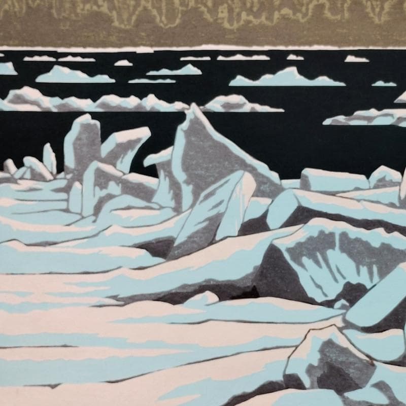 ☆ 大本 靖 ☆「流氷のオホーツク」木版画　小全紙　A.P　未使用額！