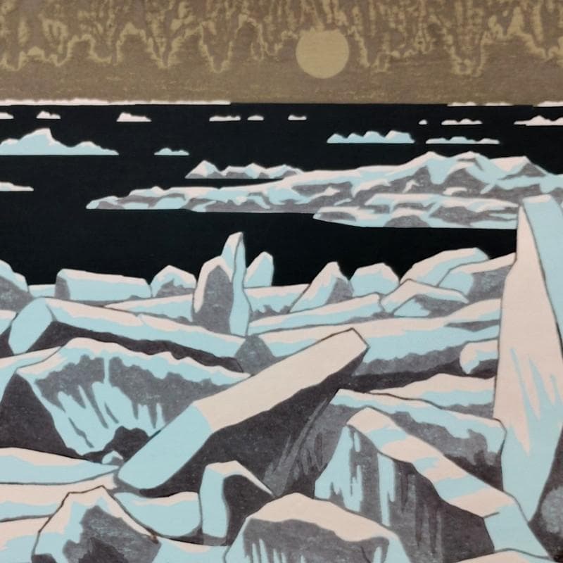 ☆ 大本 靖 ☆「流氷のオホーツク」木版画　小全紙　A.P　未使用額！