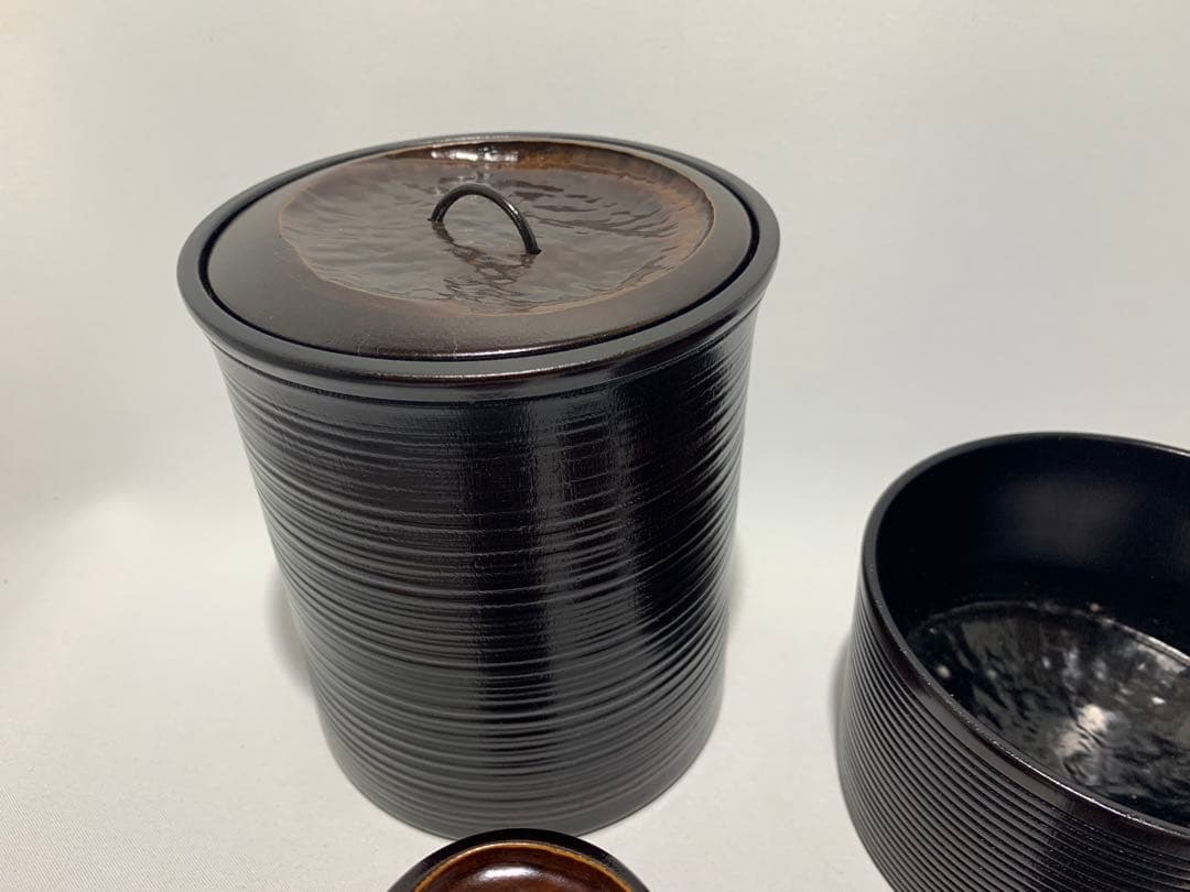 【未使用】　西都　竹製溜塗　竹細工　茶道具　水指　建水　棗