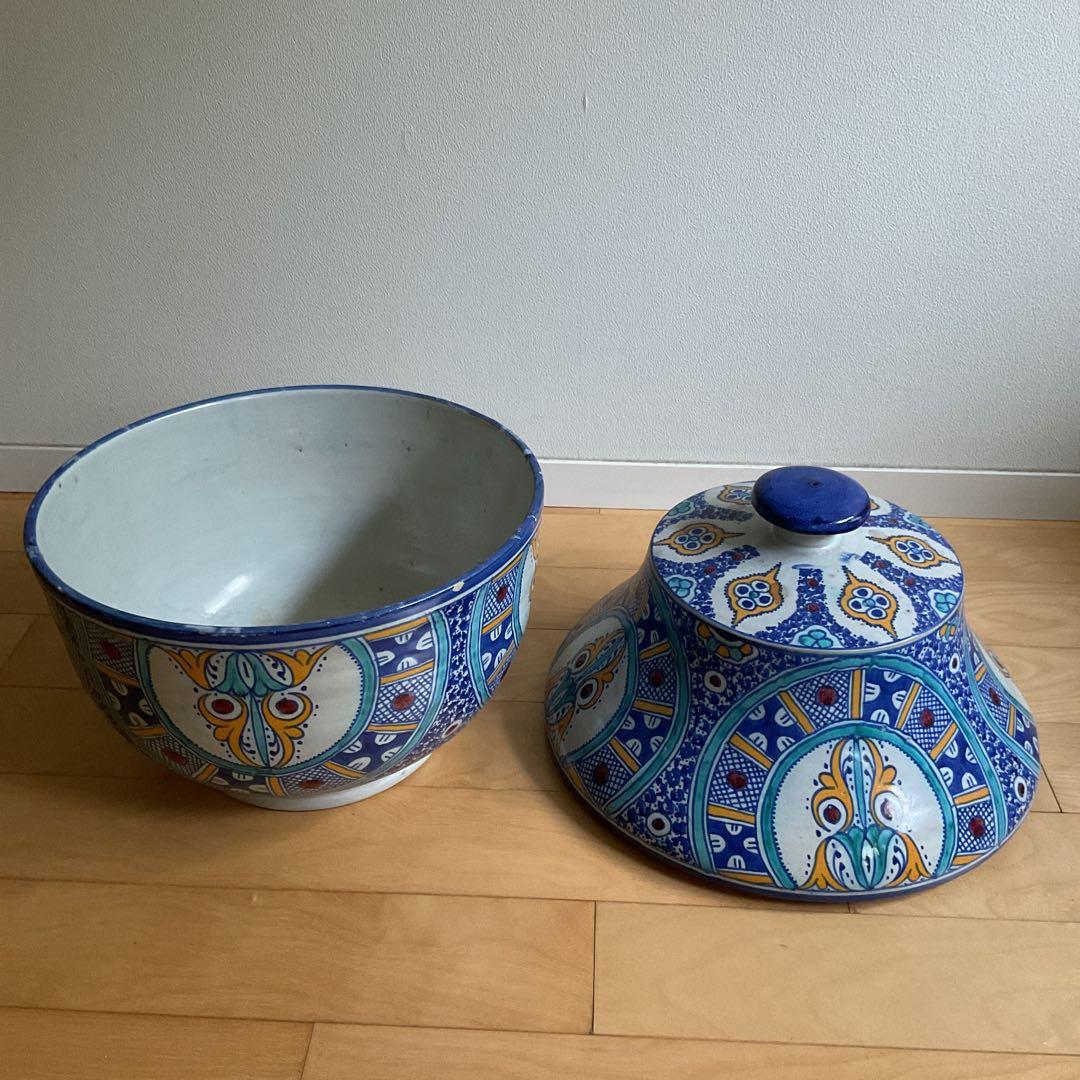 青と白の陶器 蓋付きボウル