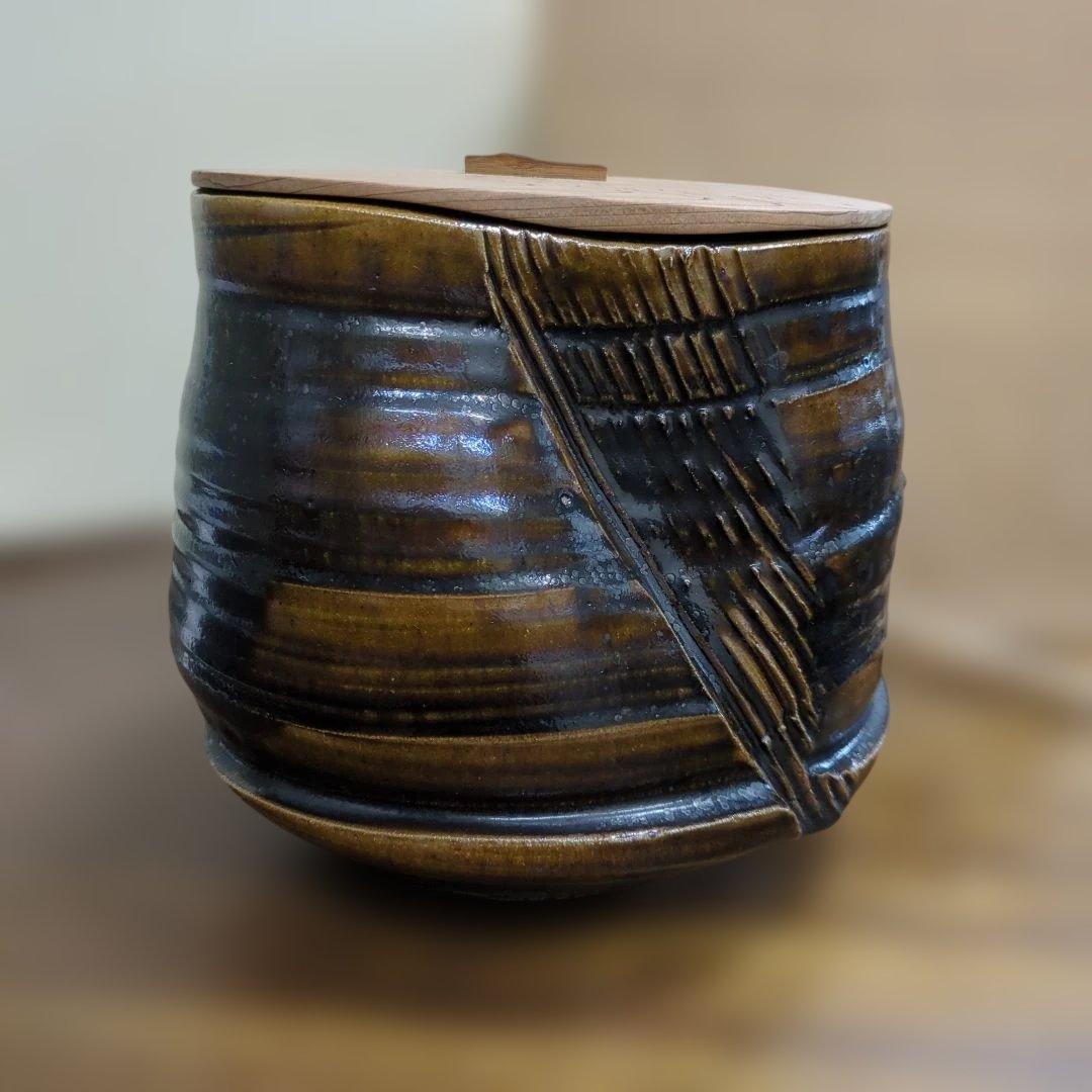 水指　木製蓋付き 瀬戸　水野双鶴　茶道具　茶道　陶器　木箱大振り