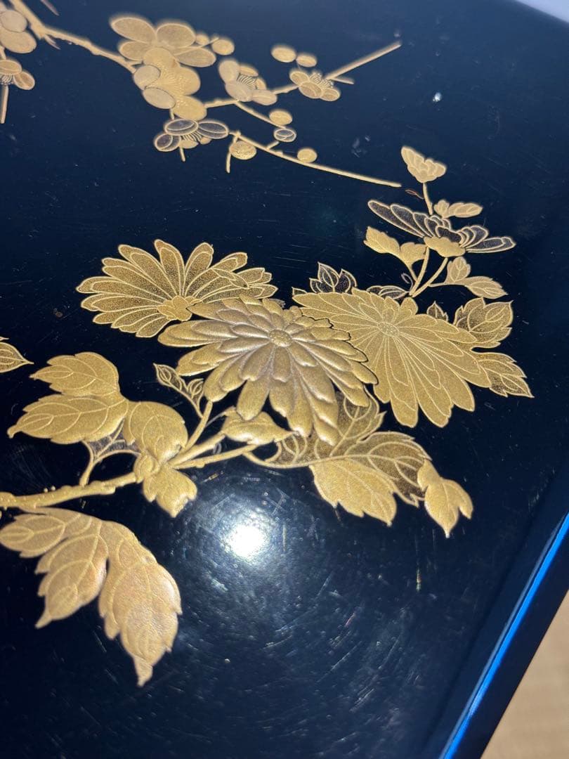 時代漆器 研ぎ出し草花蒔絵 五段重箱 二枚蓋 木瓜紋 保管箱