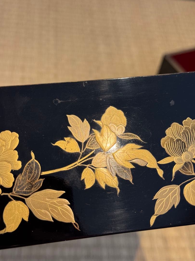 時代漆器 研ぎ出し草花蒔絵 五段重箱 二枚蓋 木瓜紋 保管箱