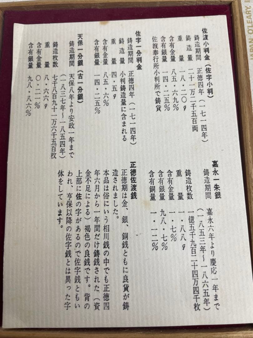 t*i様 佐渡小判金　佐渡一分判金　天保一分銀　嘉永一首朱銀　正徳佐渡銭