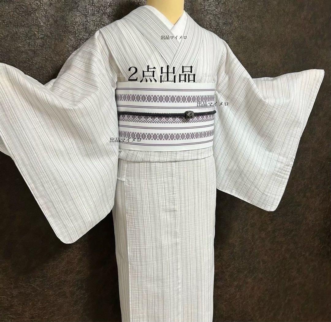 古典しじら織　浴衣　綿　粋な夏着物　縞柄　献上帯 半幅帯白　2点　0810⑪
