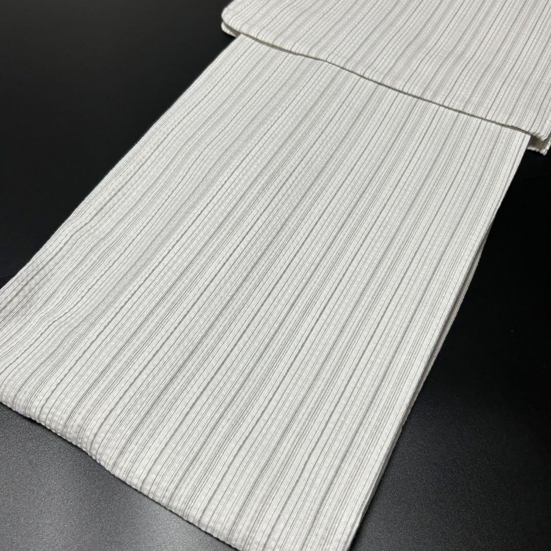 古典しじら織　浴衣　綿　粋な夏着物　縞柄　献上帯 半幅帯白　2点　0810⑪