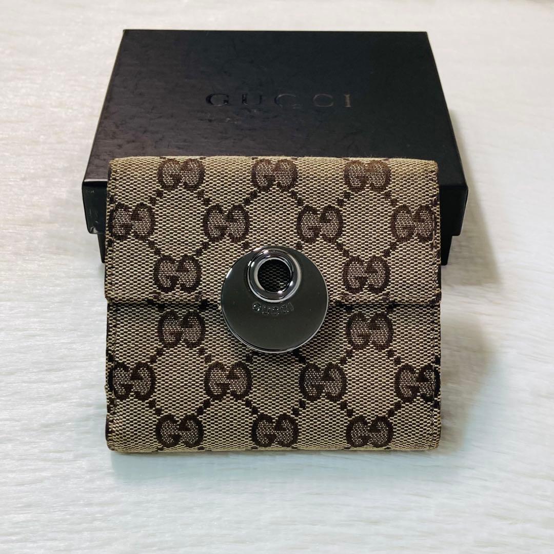 極美品　GUCCI グッチ　二つ折り　三つ折り　キャンバス　茶色　財布　箱付き