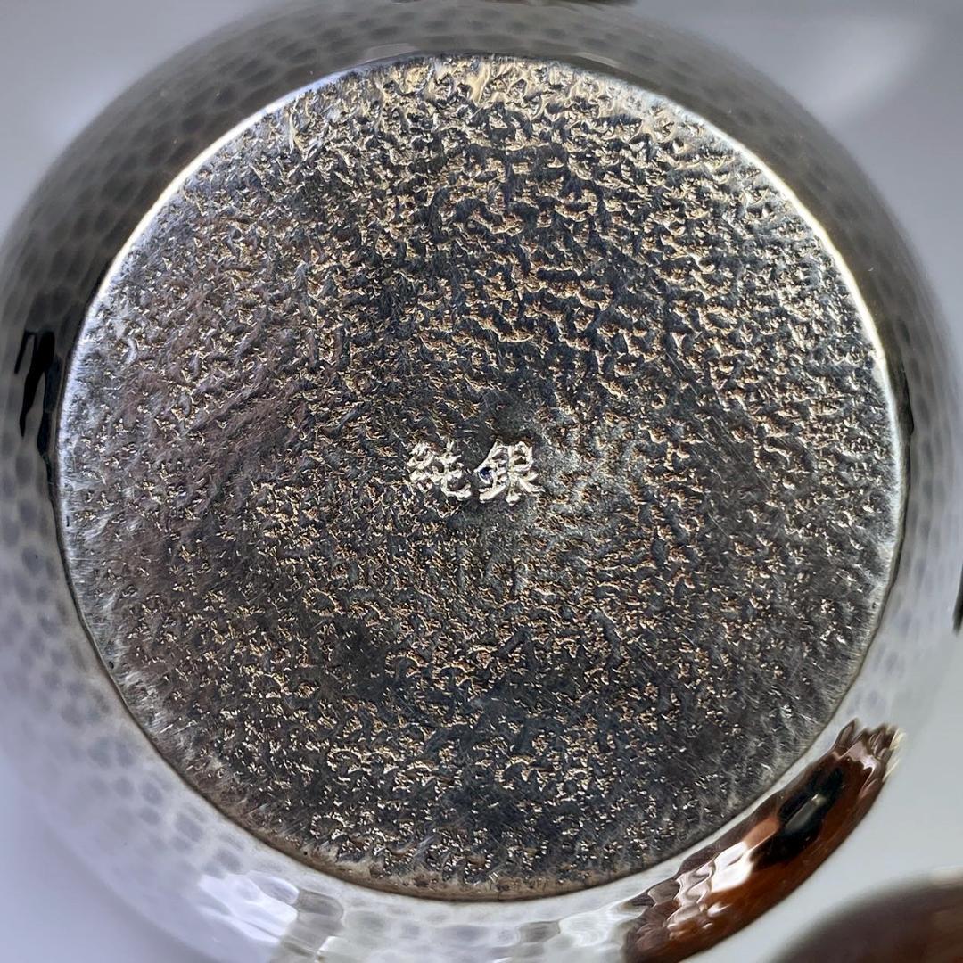 純銀製 槌目 竜彫緋銅銀蓋 木摘 木取手 急須 煎茶道具 長さ約9cm