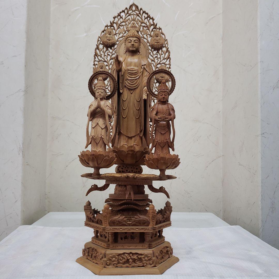 Ｂフライデー後背羅漢彫★総白檀 阿弥陀如来三尊像6寸立 眼入観音菩薩・勢至菩薩付