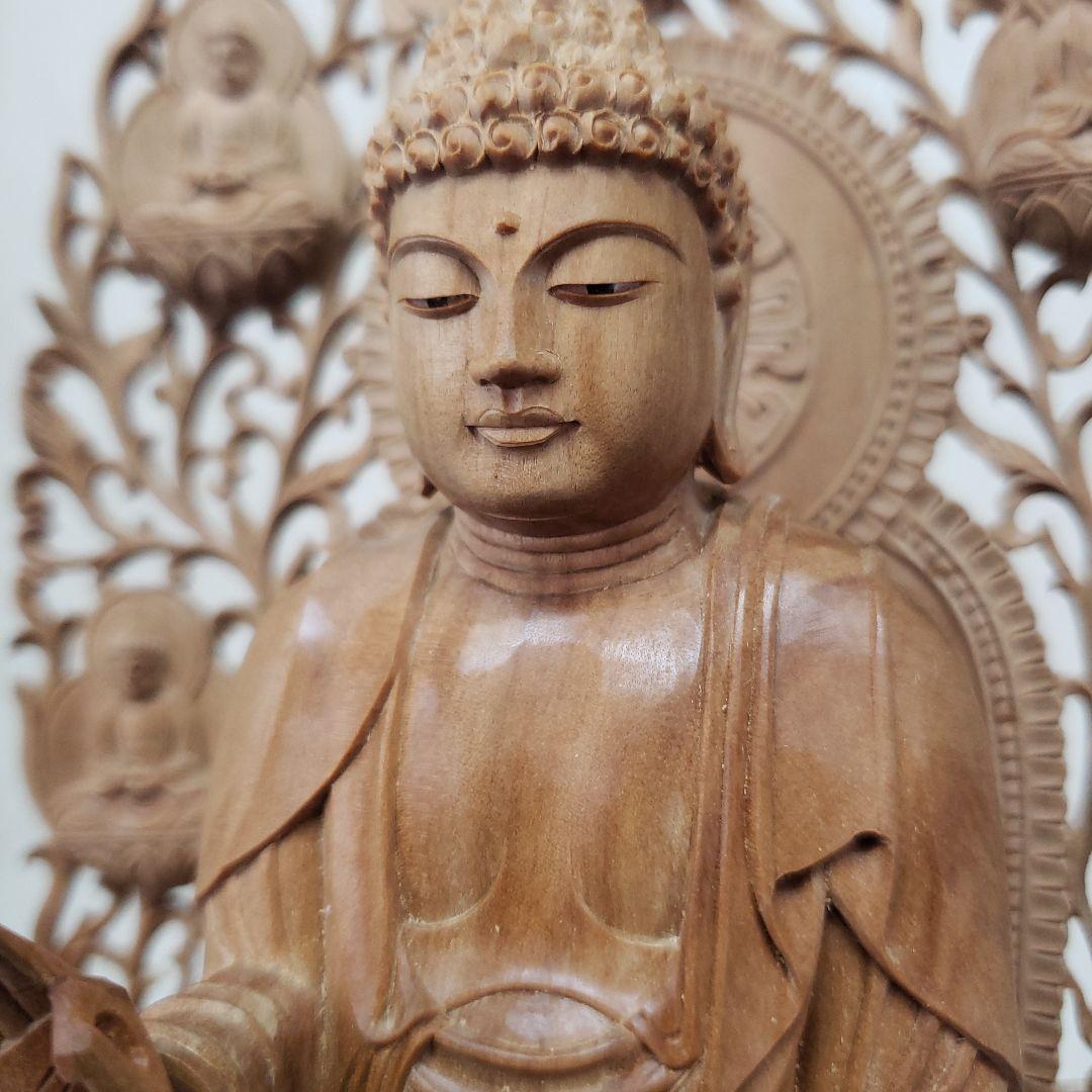 Ｂフライデー後背羅漢彫★総白檀 阿弥陀如来三尊像6寸立 眼入観音菩薩・勢至菩薩付