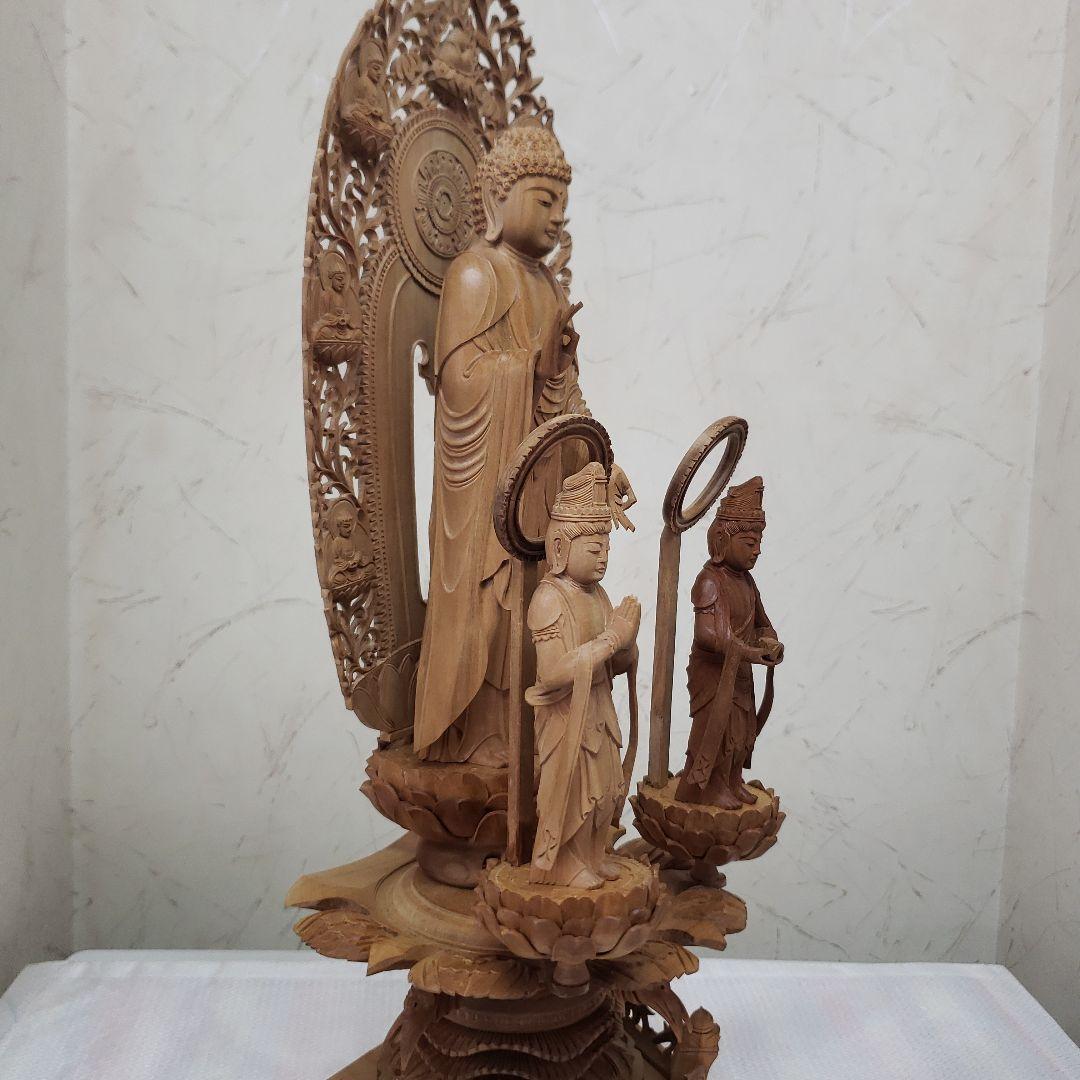 Ｂフライデー後背羅漢彫★総白檀 阿弥陀如来三尊像6寸立 眼入観音菩薩・勢至菩薩付