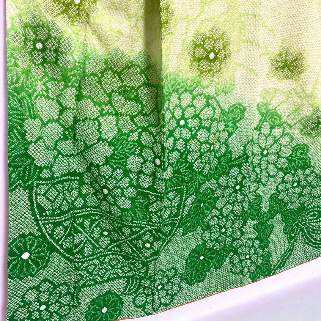 4k2291 振袖　正絹　袷　藤娘きぬたや　総絞り　緑　白　花柄