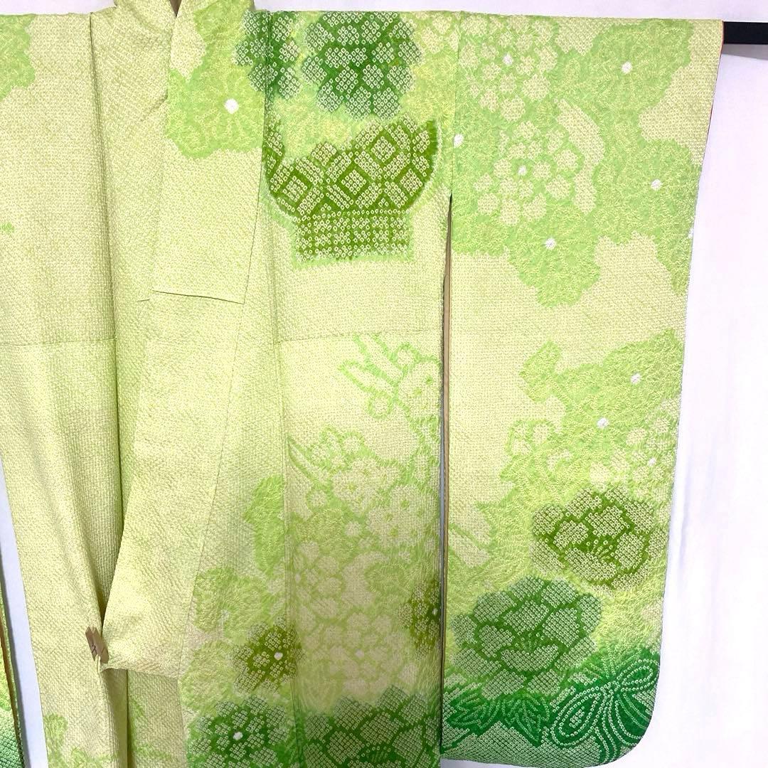 4k2291 振袖　正絹　袷　藤娘きぬたや　総絞り　緑　白　花柄