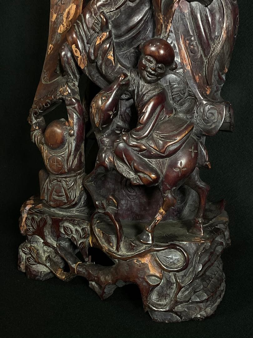 時代木彫　桃仙人　寿比南山 福如東海　寿老人　置物　中国美術　高さ約62cm