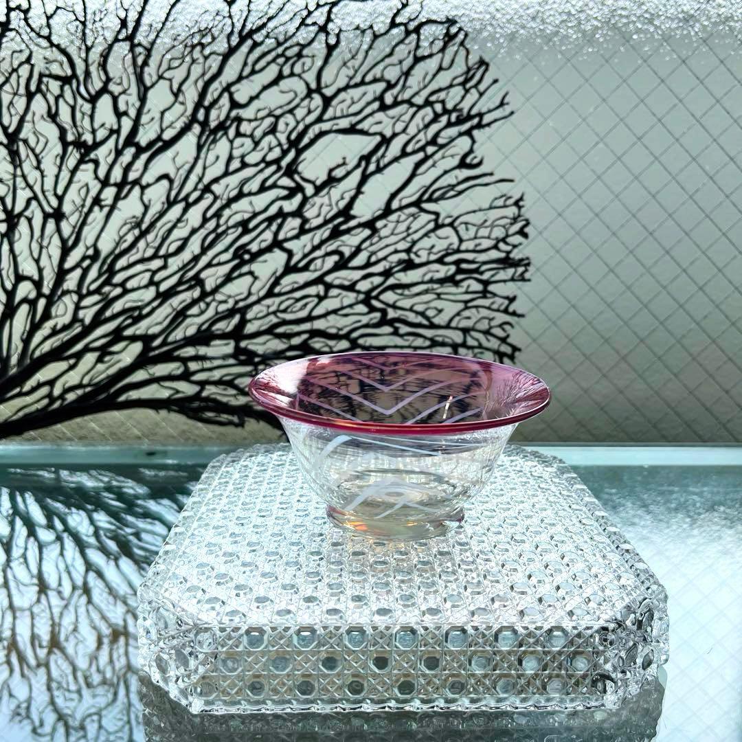 骨董　時代ガラス　超希少　金赤フチ　反り口　澤瀉紋　氷コップ　氷鉢　ウランガラス