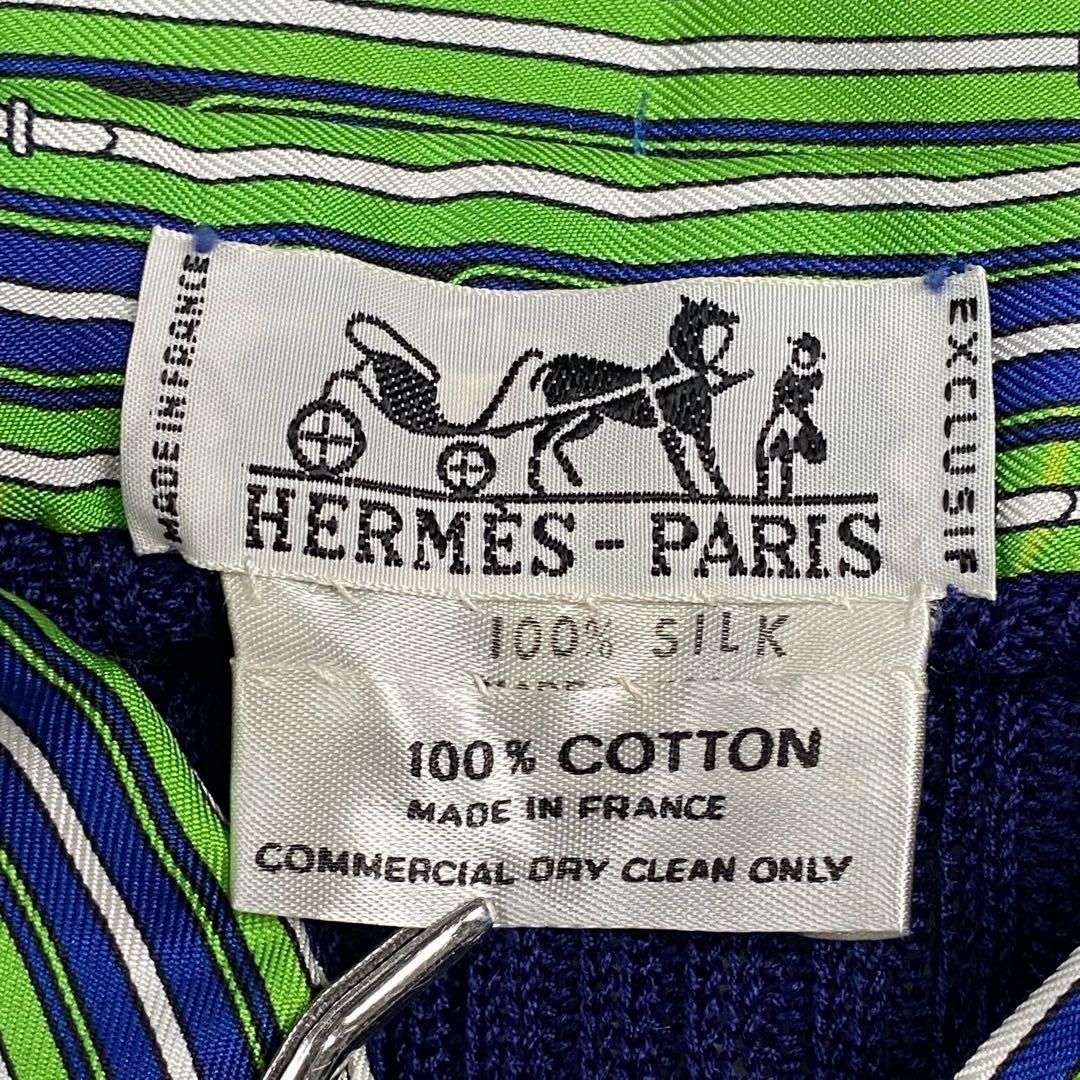 80s HERMES エルメス　ニット切り替えシャツ　ハーフボタン　シルク