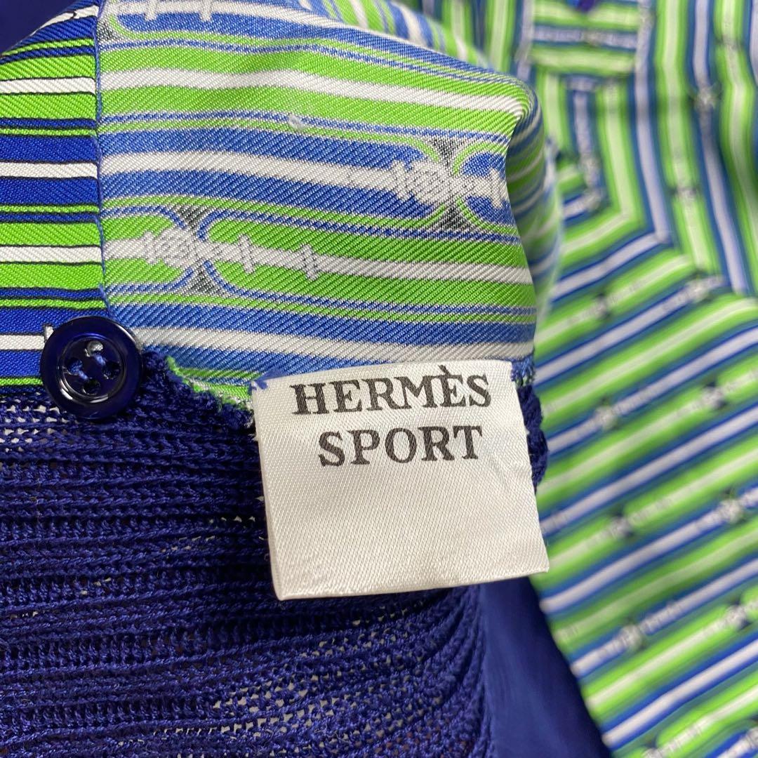 80s HERMES エルメス　ニット切り替えシャツ　ハーフボタン　シルク