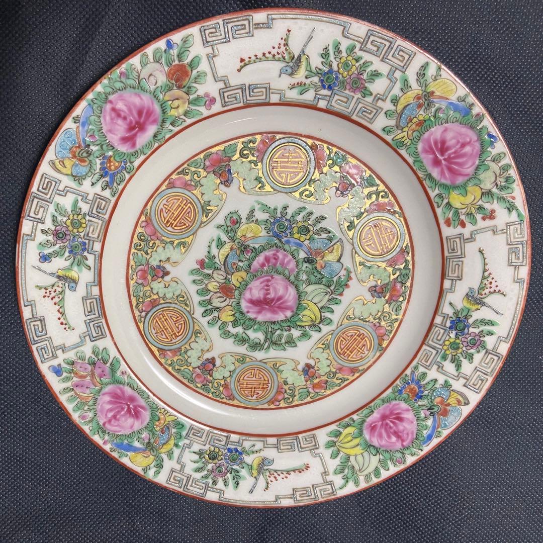 中国古美術品　清の時代　粉彩金彩花鳥文皿　本物保証
