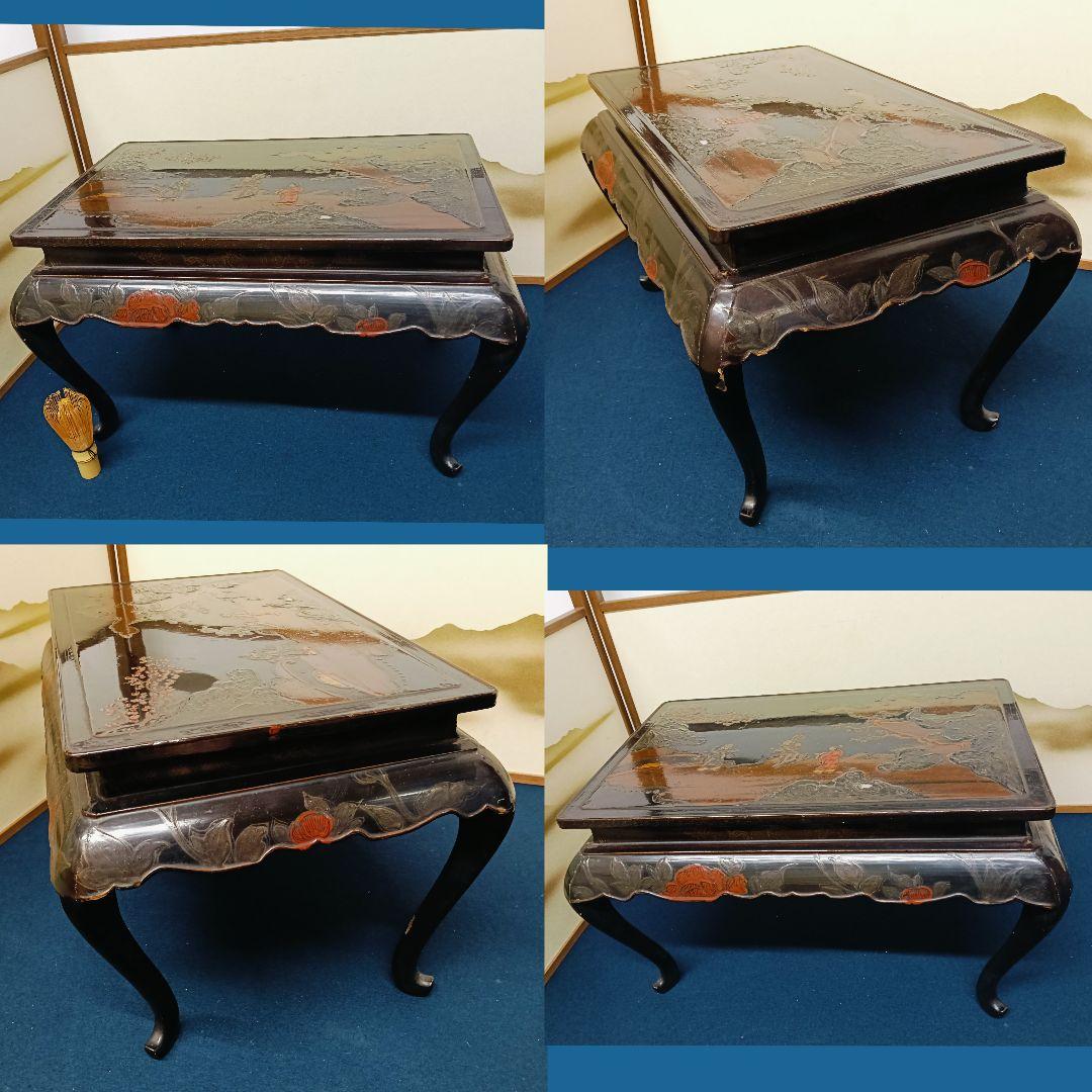 金燕AN18 時代物 木製漆 平卓 漆絵巻 螺鈿 花台 香炉台 盆栽台 高