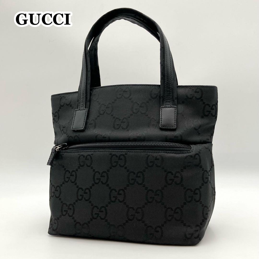 ヤス✨GUCCI ハンドバッグ 黒 ナイロン GG 総柄 モノグラム ミニ