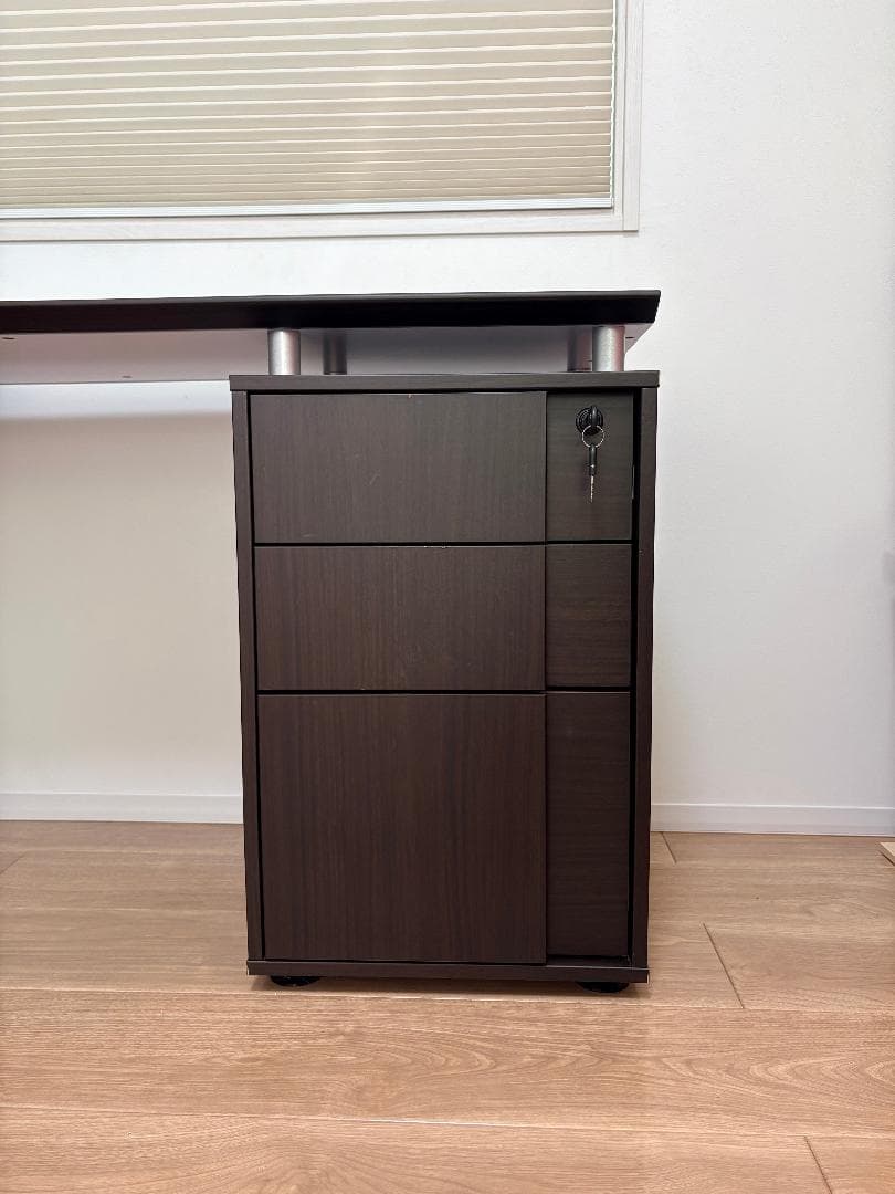 ダークブラウン L字型パソコンデスク 引き出し付き