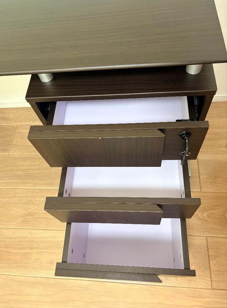 ダークブラウン L字型パソコンデスク 引き出し付き