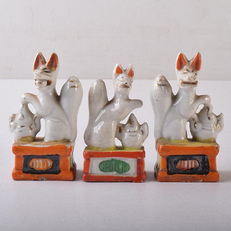 陶器製　色絵金彩　お稲荷さん　狐　3点まとめて　M　R8593