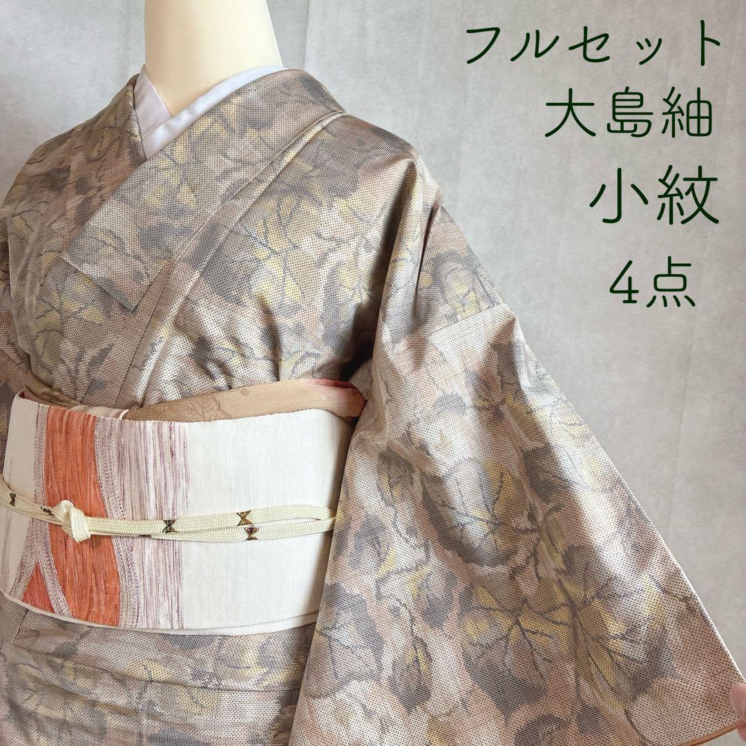 小紋　フルセット　大島紬　着物　正絹　秋の葉　名古屋帯　J5