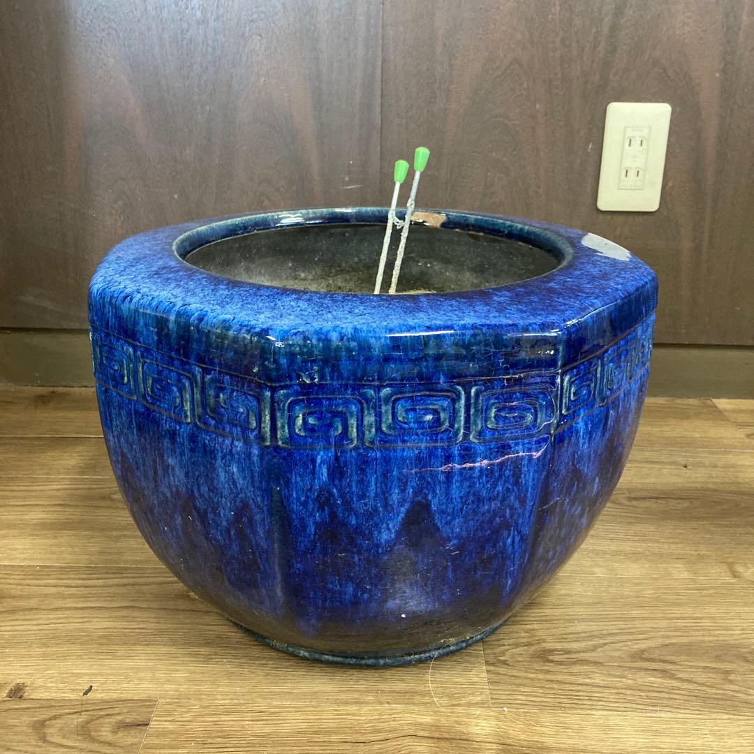棚下 【希少・美品】大型 火鉢 陶器製 瑠璃釉 浮き彫り文様 メダカ鉢 海鼠釉