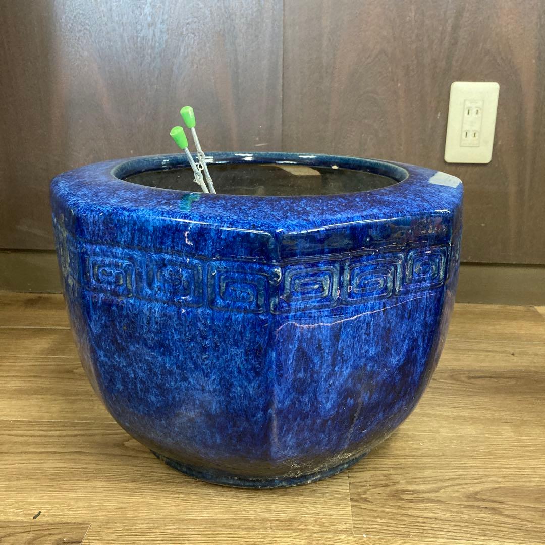 棚下 【希少・美品】大型 火鉢 陶器製 瑠璃釉 浮き彫り文様 メダカ鉢 海鼠釉
