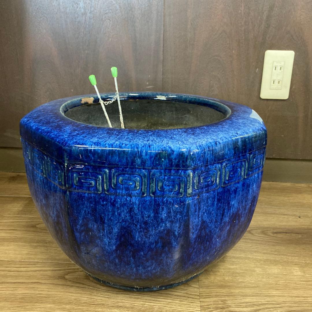 棚下 【希少・美品】大型 火鉢 陶器製 瑠璃釉 浮き彫り文様 メダカ鉢 海鼠釉