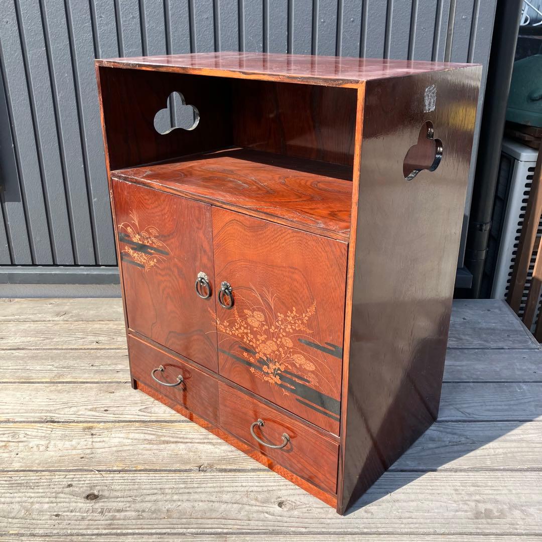 昭和レトロ 花柄装飾 観音開き扉 木製茶棚 茶箪笥 ミニ箪笥 引き出し 古家具