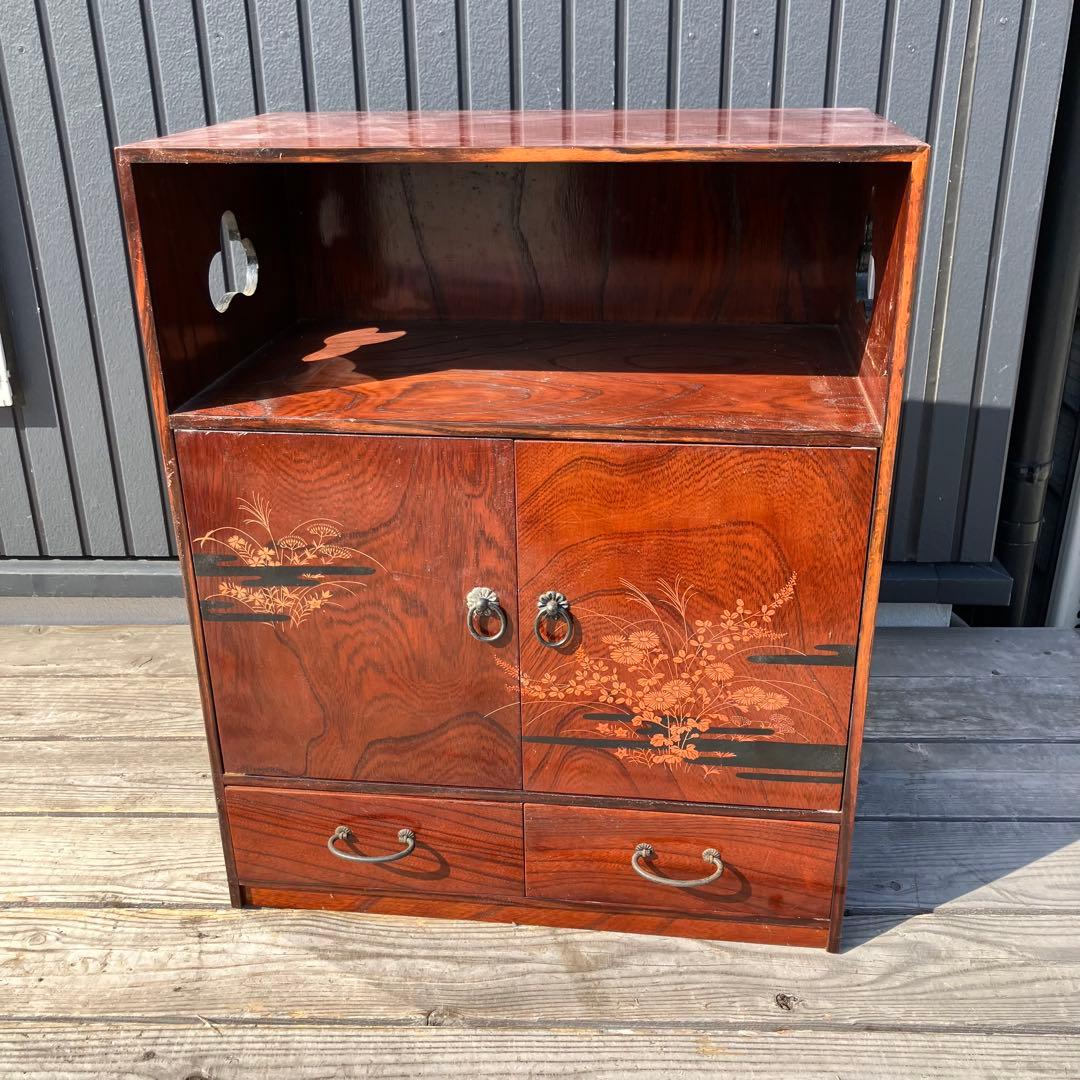 昭和レトロ 花柄装飾 観音開き扉 木製茶棚 茶箪笥 ミニ箪笥 引き出し 古家具