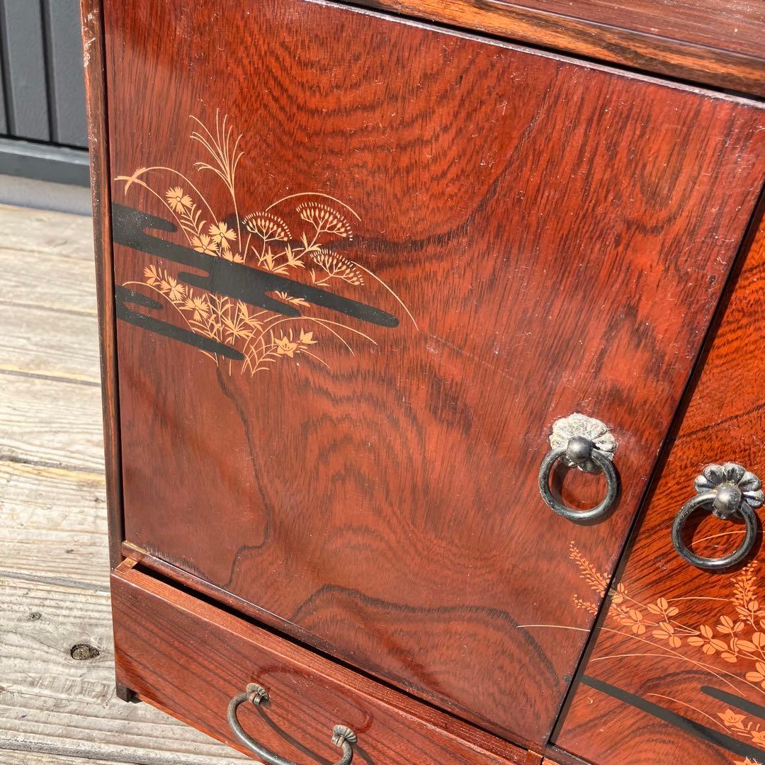 昭和レトロ 花柄装飾 観音開き扉 木製茶棚 茶箪笥 ミニ箪笥 引き出し 古家具