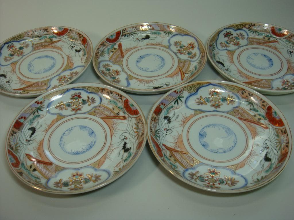 小皿■古い伊万里赤絵 鶴 松竹梅 窓花唐草紋 6枚 骨董品(江戸後期～明治期)■