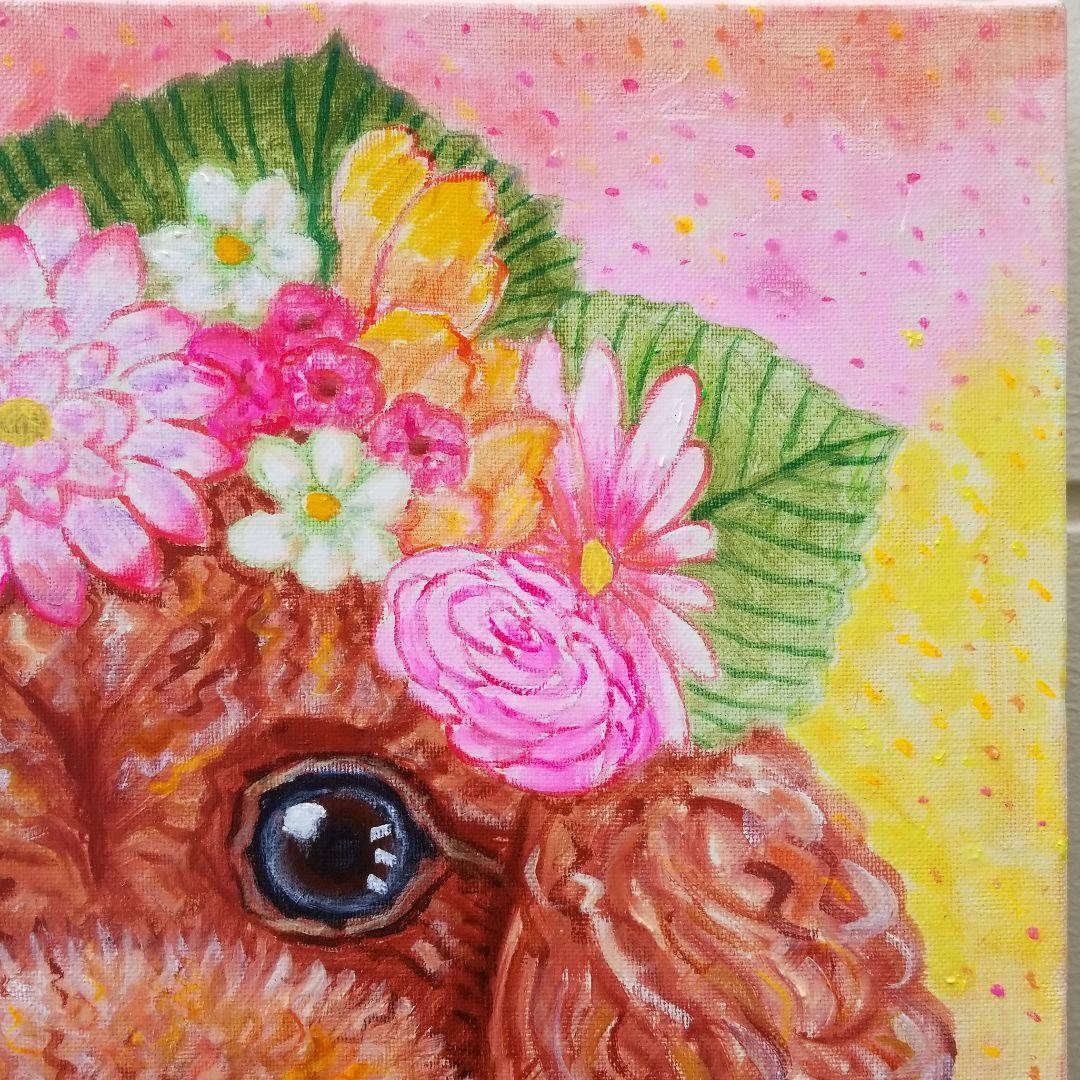 油絵　ちえ　花冠のかわいいトイプードル