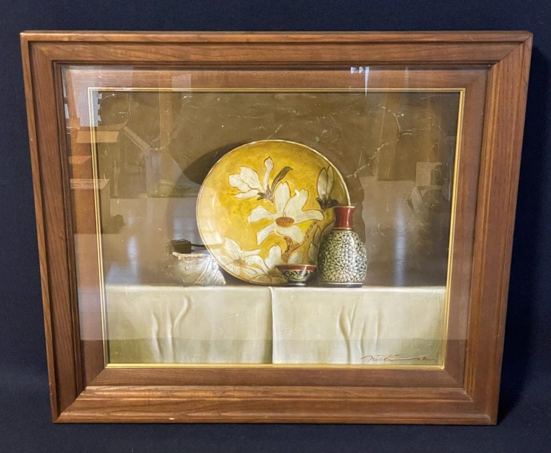 「真作」西村有史「九谷辛夷文輪花皿」静物画　油彩画　額装　サイン有り　F8号