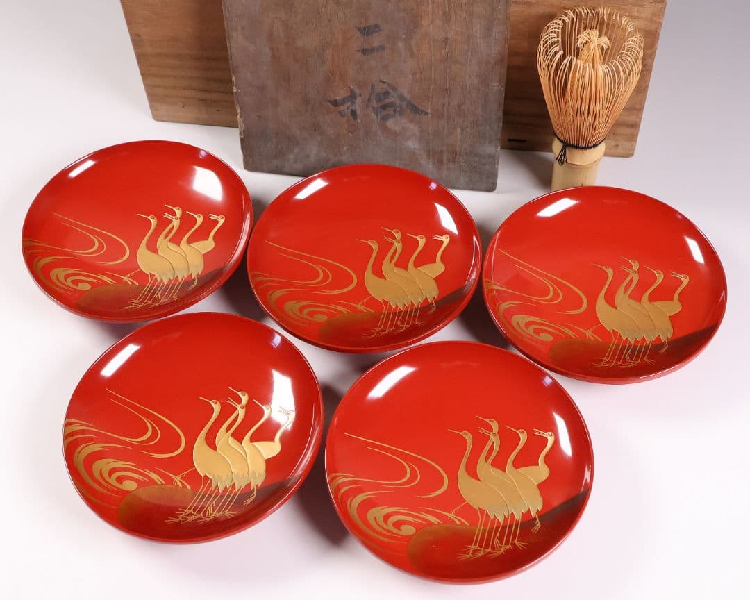 【CM373】時代木製漆器 光琳写 金蒔絵 群鶴図 朱塗 引盃 五客 小皿 杯