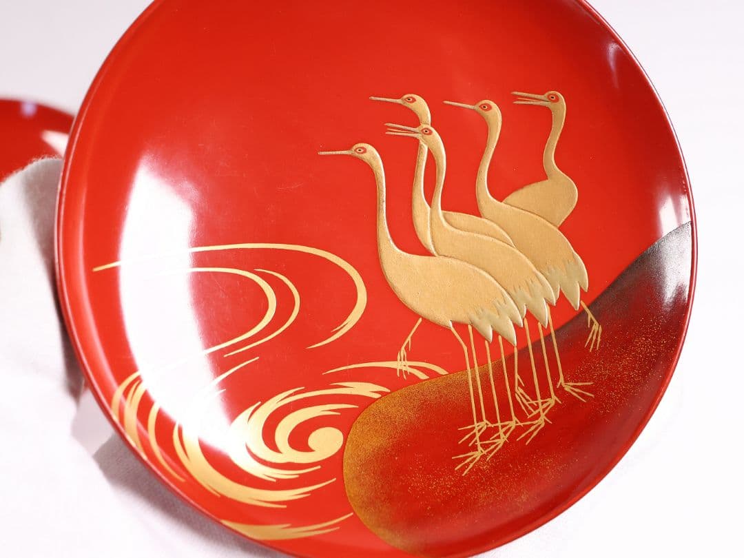 【CM373】時代木製漆器 光琳写 金蒔絵 群鶴図 朱塗 引盃 五客 小皿 杯