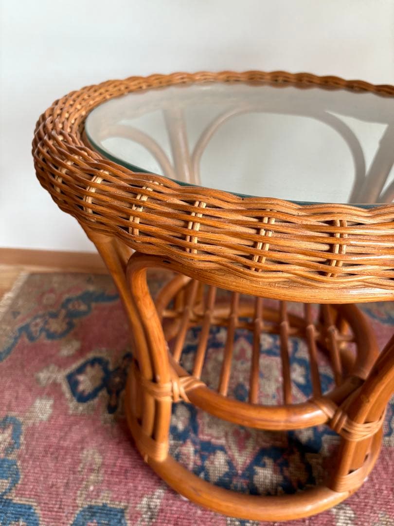 籐 ラタン ガラスサイドテーブル★アンティーク