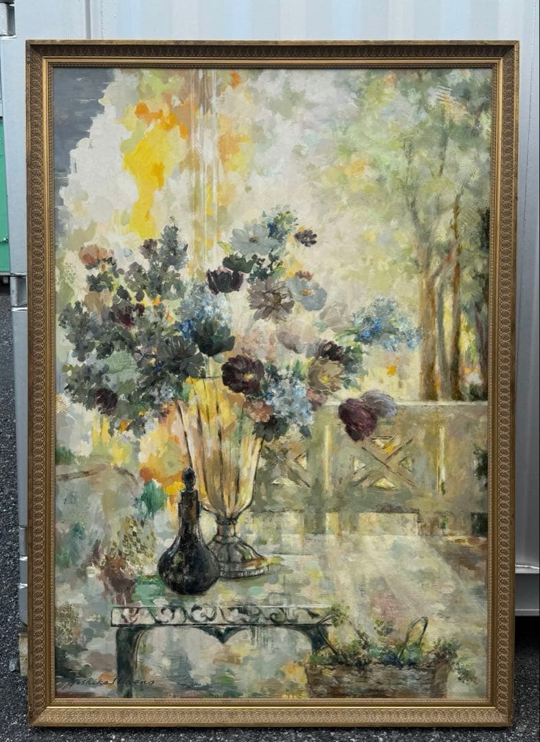 平野能子作　油彩絵　窓辺　直筆　額装　P100号　送料込み250821