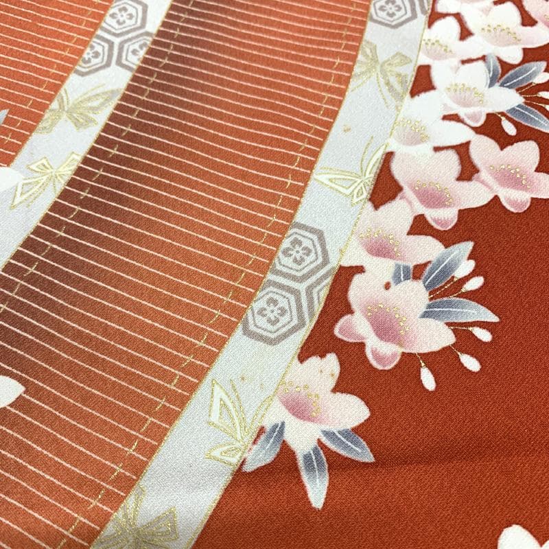 410aj39〇古典柄 レトロ 振袖＆袋帯 金駒刺繍 十三参り〇美品