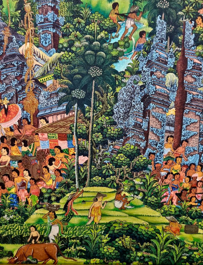 バリの風景 油彩画 PADE KETUT BONGKASO　 寺院お祭り図　額装