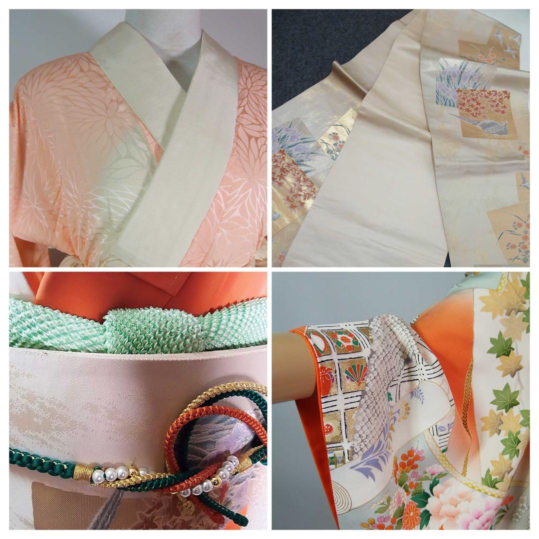 豪華3点セット】振袖／橙色　御所解文様＊吉祥文様尽くし／袋帯　長襦袢　晴れの日に