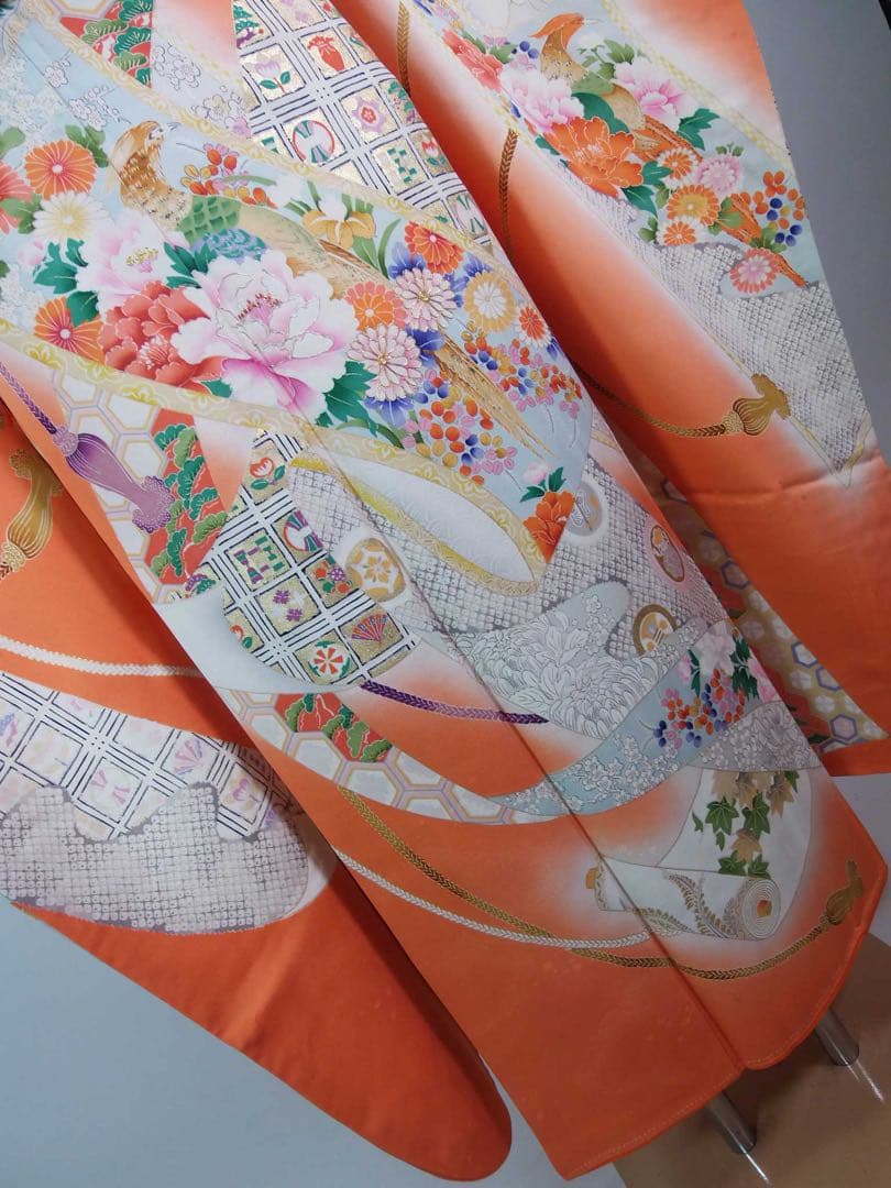 豪華3点セット】振袖／橙色　御所解文様＊吉祥文様尽くし／袋帯　長襦袢　晴れの日に