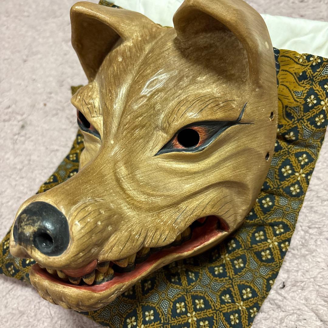 木製犬面 能面 伝統的装飾付き　狐
