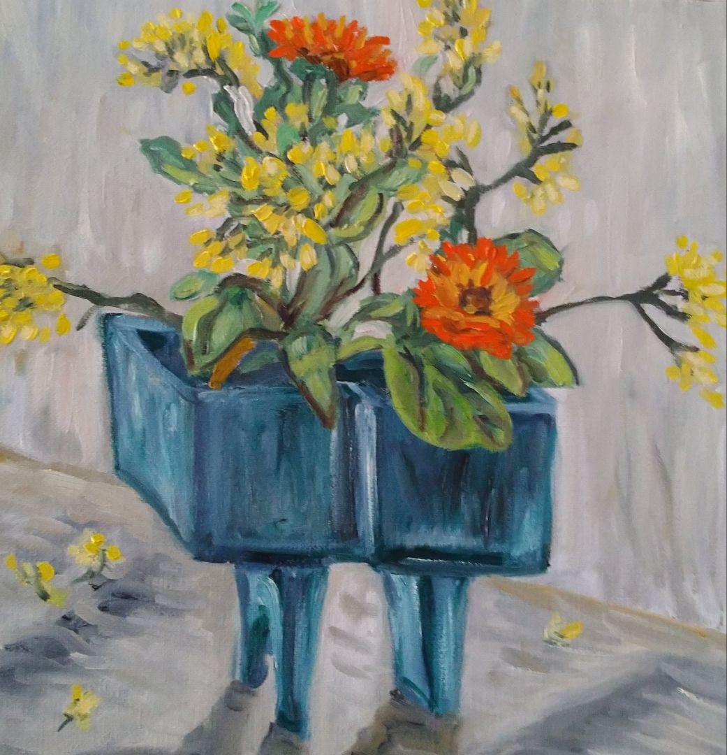 青い花瓶の花の油彩画