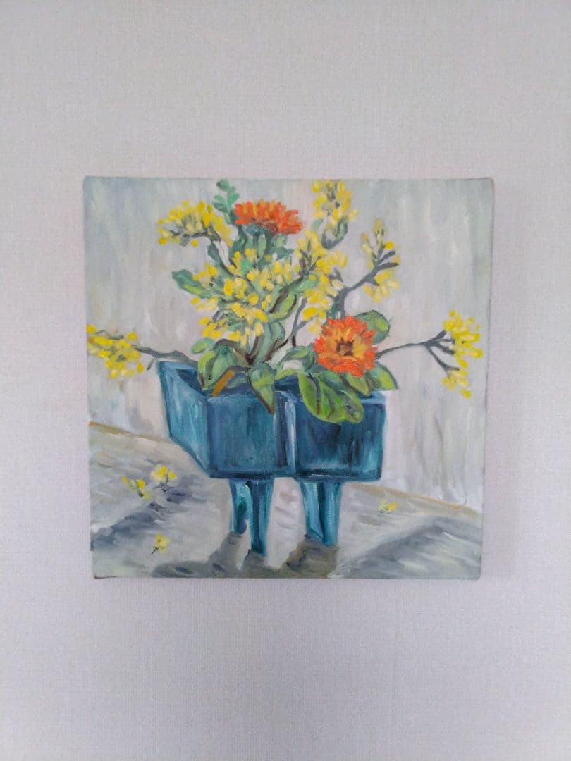 青い花瓶の花の油彩画